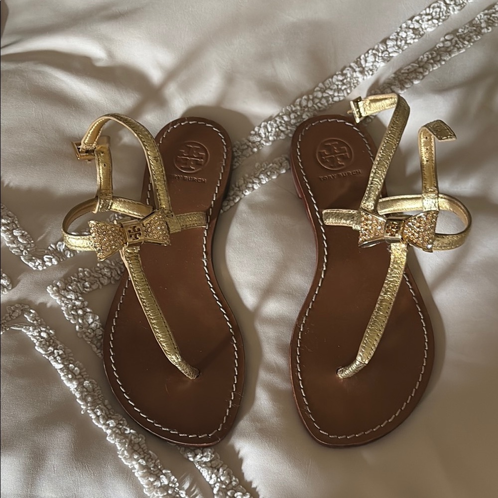 Tory Burch Gold Brown Sandals with Ankle Strap